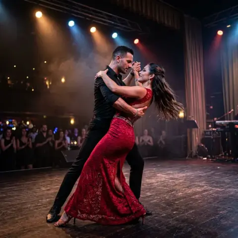 Bachata couple in red beneath the stage lights